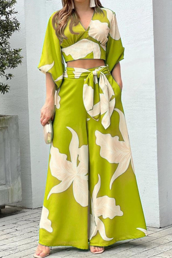Yellow Casual Print Patchwork V Neck Three Quarter Two Pieces