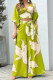 Yellow Casual Print Patchwork V Neck Three Quarter Two Pieces