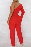 Red Fashion Casual Solid Patchwork Backless V Neck Long Sleeve Two Pieces