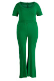 Green Casual Solid Patchwork O Neck Plus Size Jumpsuits