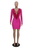 Rose Red Fashion Sexy Patchwork Tassel Sequins Patchwork V Neck Long Sleeve Dresses