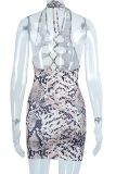 Snake Print Sexy Animal Print Patchwork Halter Pencil Skirt Dresses