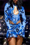 Blue Fashion Sexy Print Hollowed Out Patchwork Half A Turtleneck Long Sleeve Two Pieces