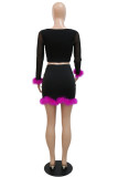 Rose Red Fashion Sexy Solid Patchwork Square Collar Long Sleeve Two Pieces