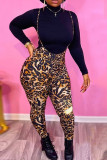 Leopard Print Sexy Animal Print Print Long Sleeve Two Pieces