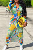 Pink Fashion Casual Print Patchwork Turndown Collar Long Sleeve Dresses
