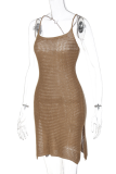 Brownness Sexy Solid Patchwork Spaghetti Strap Pencil Skirt Dresses