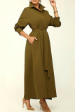 Army Green Fashion Casual Solid Patchwork With Belt Turndown Collar Long Sleeve Dresses