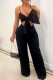 Black Fashion Sexy Solid Patchwork Backless Spaghetti Strap Sleeveless Two Pieces