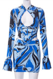 Blue Fashion Sexy Print Hollowed Out Patchwork Half A Turtleneck Long Sleeve Two Pieces