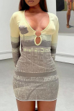 Grey Sexy Print Patchwork U Neck Pencil Skirt Dresses
