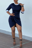 Tibetan Blue Fashion Casual Solid Bandage Patchwork O Neck Irregular Dress