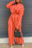 Orange Fashion Daily Striped Print Long Sleeve Two Pieces