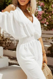 White Fashion Casual Solid Bandage Patchwork Backless V Neck Regular Jumpsuits