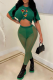 Ink Green Sexy Print Mesh One Shoulder Short Sleeve Two Pieces