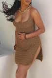 Brownness Sexy Solid Patchwork Spaghetti Strap Pencil Skirt Dresses