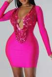 Rose Red Fashion Sexy Patchwork Tassel Sequins Patchwork V Neck Long Sleeve Dresses