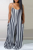 Black White Fashion Casual Striped Print Backless Spaghetti Strap Regular Jumpsuits