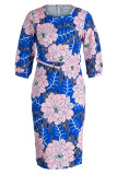 Blue Casual Elegant Print Patchwork O Neck Pencil Skirt Dresses(Contain The Belt)