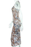Brown Sexy Print Patchwork Halter Pencil Skirt Dresses