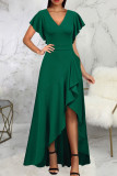 Green Elegant Solid Patchwork Flounce Asymmetrical V Neck Straight Dresses