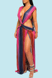 Rose Red Sexy Print Patchwork Backless Slit Asymmetrical V Neck Irregular Dress Dresses