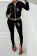 Black Casual Print Slit Zipper Collar Long Sleeve Two Pieces