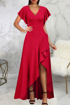 Red Elegant Solid Patchwork Flounce Asymmetrical V Neck Straight Dresses