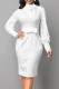 White Elegant Solid Patchwork With Bow Half A Turtleneck One Step Skirt Dresses