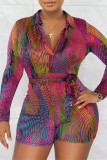Multicolor Fashion Casual Print Patchwork Ribbon Collar Regular Romper