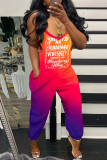 Orange Red Sexy Casual Gradual Change Print Backless Spaghetti Strap Regular Jumpsuits