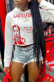 White Fashion Street Print Pullovers Hooded Collar Tops
