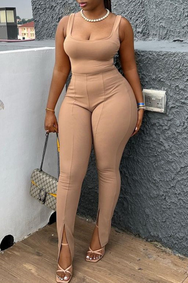 Khaki Sexy Casual Solid Backless Slit U Neck Sleeveless Two Pieces