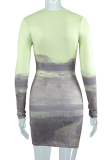 Grey Sexy Print Patchwork U Neck Pencil Skirt Dresses