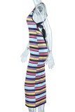 Colour Sexy Striped Patchwork U Neck Pencil Skirt Dresses