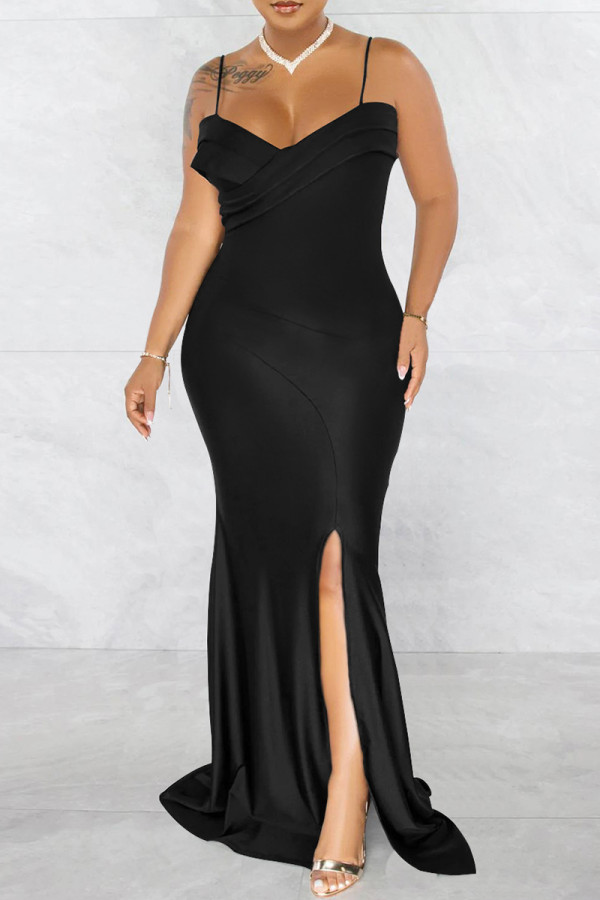 Black Fashion Sexy Solid Backless Slit Spaghetti Strap Evening Dress