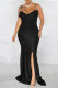Black Fashion Sexy Solid Backless Slit Spaghetti Strap Evening Dress