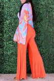 Orange Fashion Print Knotted Two Pieces