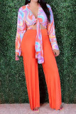 Orange Fashion Print Knotted Two Pieces