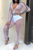 White Sexy Solid Mesh Hooded Collar Skinny Jumpsuits