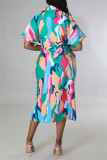 Rose Red Fashion Casual Print Patchwork Turndown Collar Shirt Dress