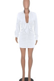 White Sexy Solid Patchwork Buckle Fold U Neck Dresses