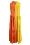 Orange Yellow Fashion Casual Solid Patchwork Contrast Mandarin Collar Sleeveless Dress