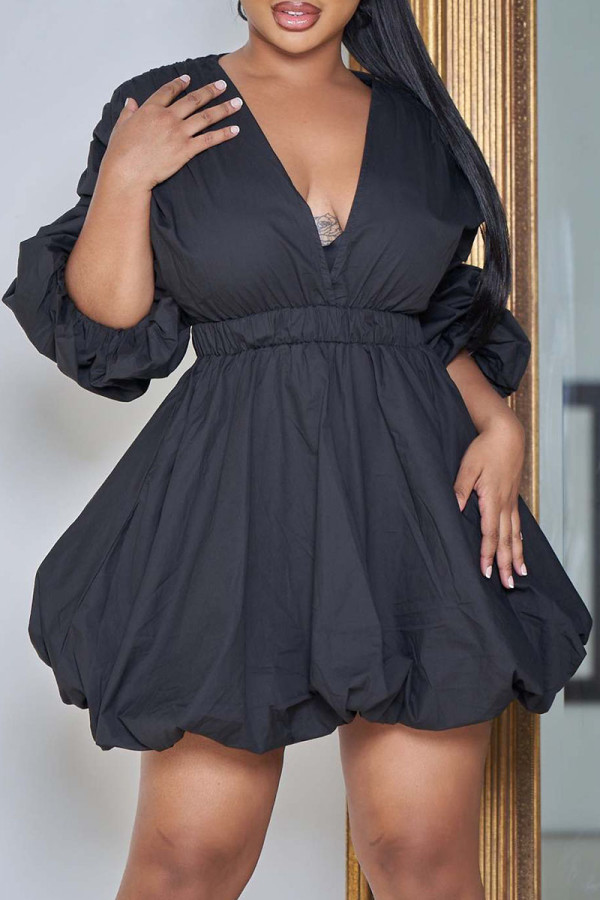 Black Casual Solid Patchwork V Neck Bud Dresses