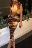 Brown Sexy Print Patchwork Half A Turtleneck Sleeveless Two Pieces
