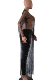 Black Sexy Solid Patchwork See-through Beading Swimwears Cover Up