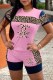 Pink Fashion Casual Print Leopard Patchwork Letter O Neck Short Sleeve Two Pieces