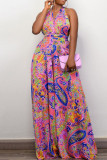 Pink Sexy Print Patchwork Backless V Neck Jumpsuits