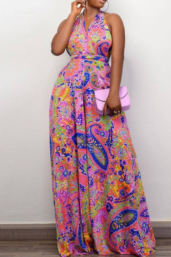 Pink Sexy Print Patchwork Backless V Neck Jumpsuits