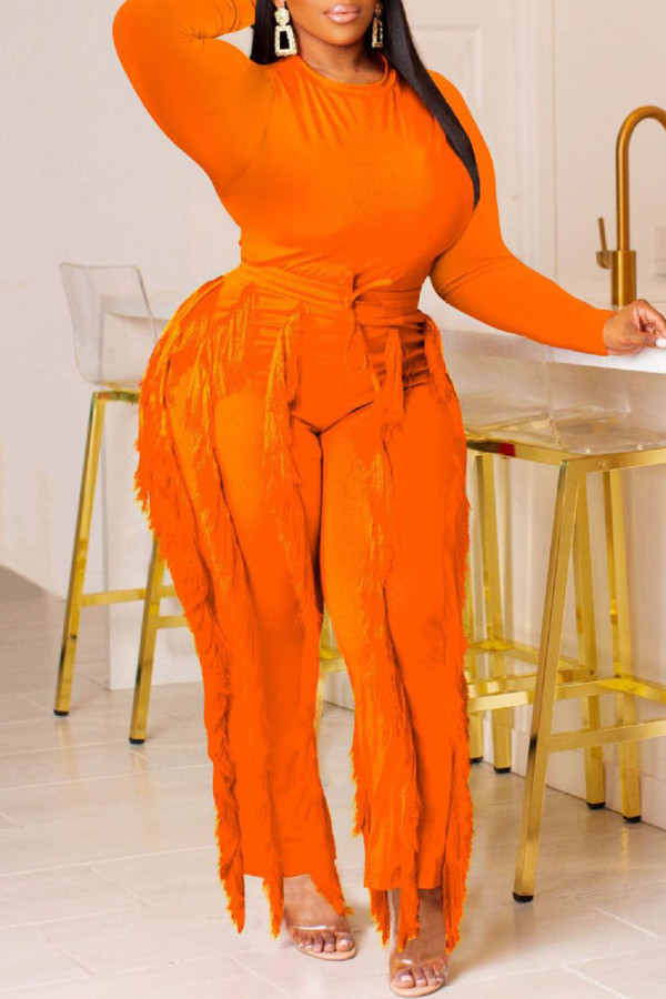 Tangerine Red Casual Solid Tassel Patchwork O Neck Long Sleeve Two Pieces